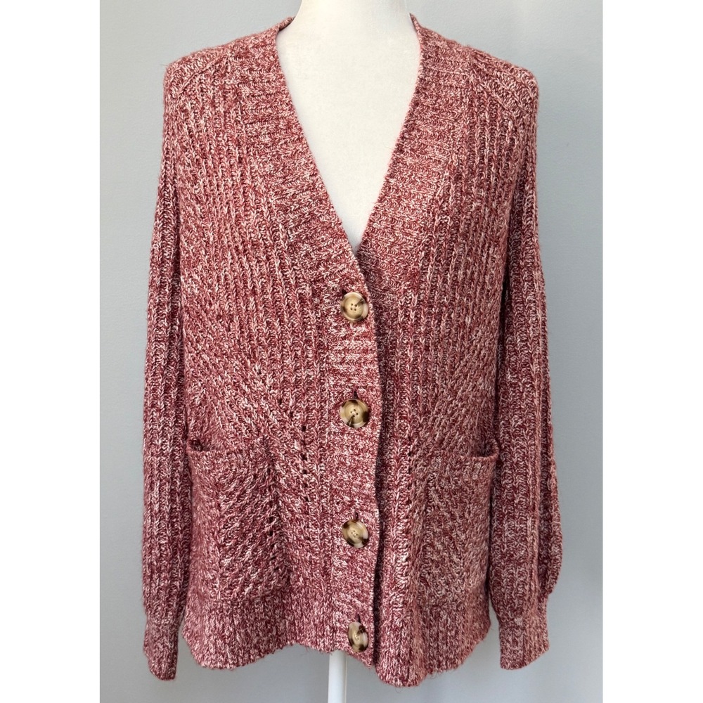 Cabi Chunky Knit Button Front Cardigan Sweater V-Neck Marked Red white Size S